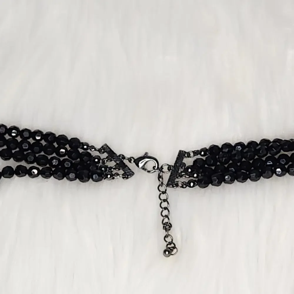 Vintage 4 Strand Black Faceted Bead Necklace Large Flower Pendant Coquette Noir - Picture 5 of 6